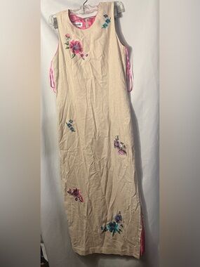 Focus 2000 Vintage Linen Sleeveless Dress Size 6 Floral Embroidered Design